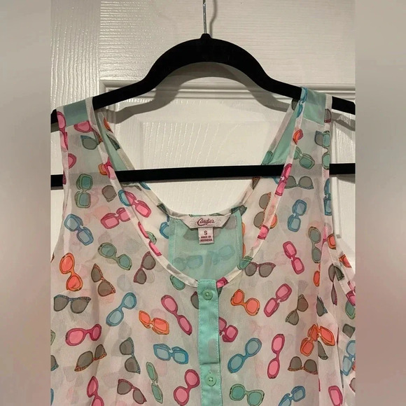 Candies Sheer Neon Sunglasses Print Flowy Button Tank Top Beach Travel Size S - Picture 2 of 9